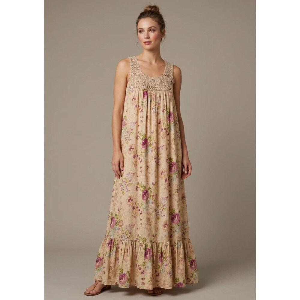 Soft Surroundings Crochet Maxi Dress M-L Floral Boho Romantic Bodice Cottagecore